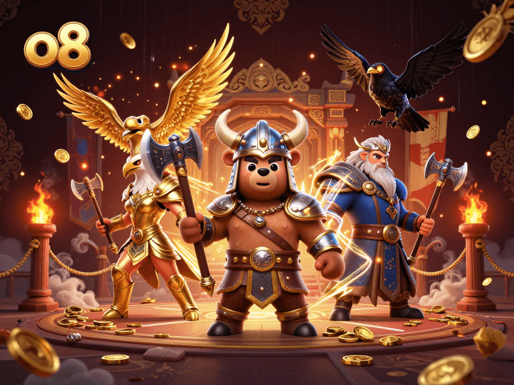 Spin the reels at O8, experiencing thrilling wins with dynamic graphics in a 3D digital casino scene.