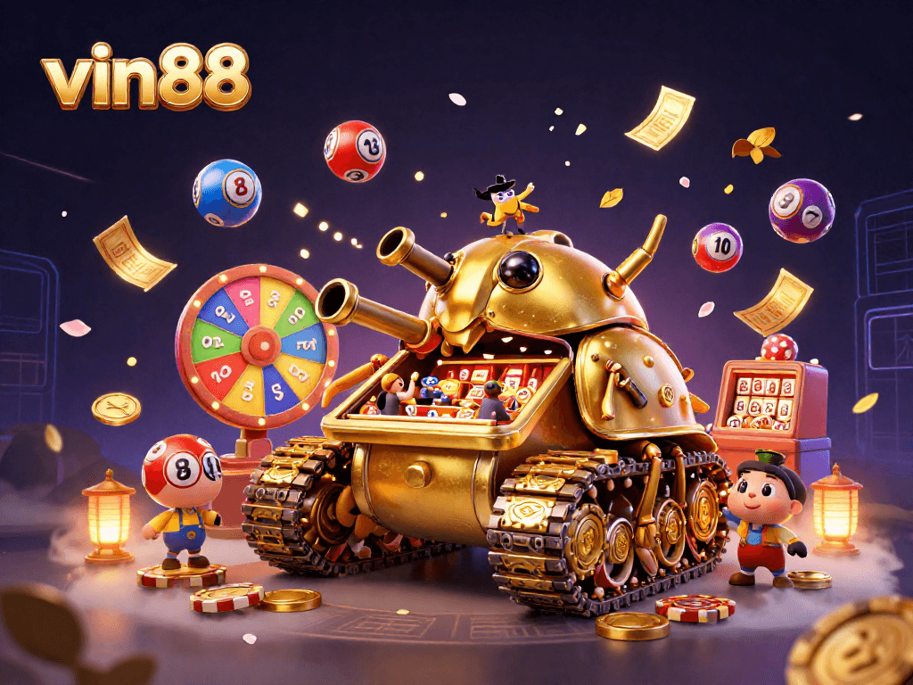 Experience the excitement of vin88's vibrant lottery and casino with a colorful 3D scene.