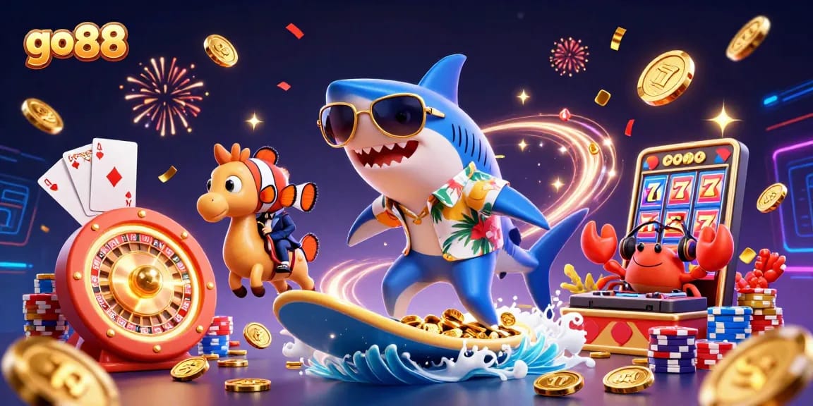 Join the excitement with go88 as a shark surfs gold coins in a vibrant casino scene.