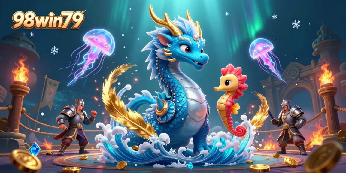 Engage in thrilling gaming with 98win79, featuring a vibrant underwater scene of a majestic dragon and lively sea creatures.