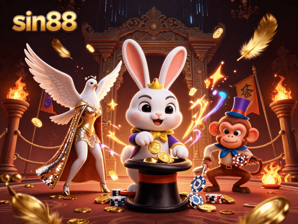 Experience thrilling moments at sin88 with a cartoon magician, dove, and monkey in an exciting casino scene.
