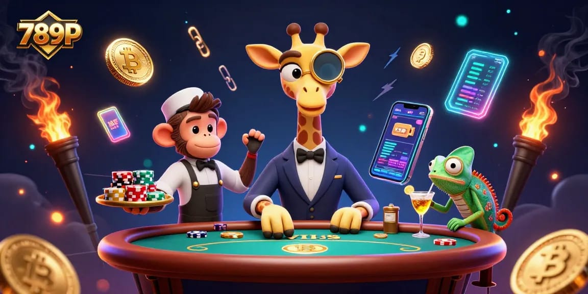 Experience the excitement of 789P with a high-roller giraffe enjoying poker and crypto-themed elements.