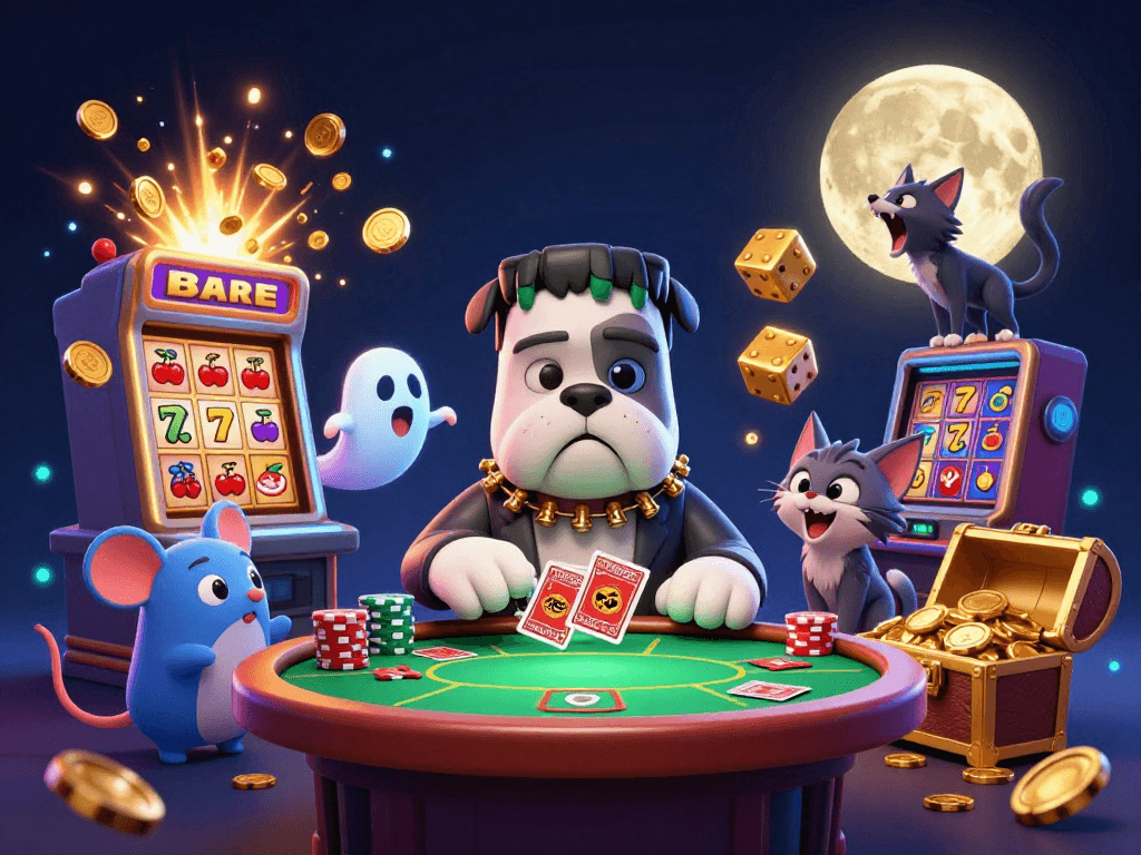 Kuwin engages players with a vibrant scene of unique characters and casino games, showcasing an exciting gambling experience.