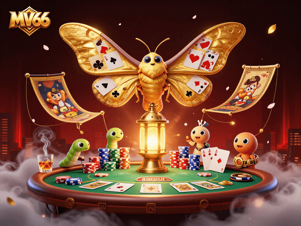 Play exciting casino games at MV66 with vibrant graphics featuring a golden atlas moth and poker elements.