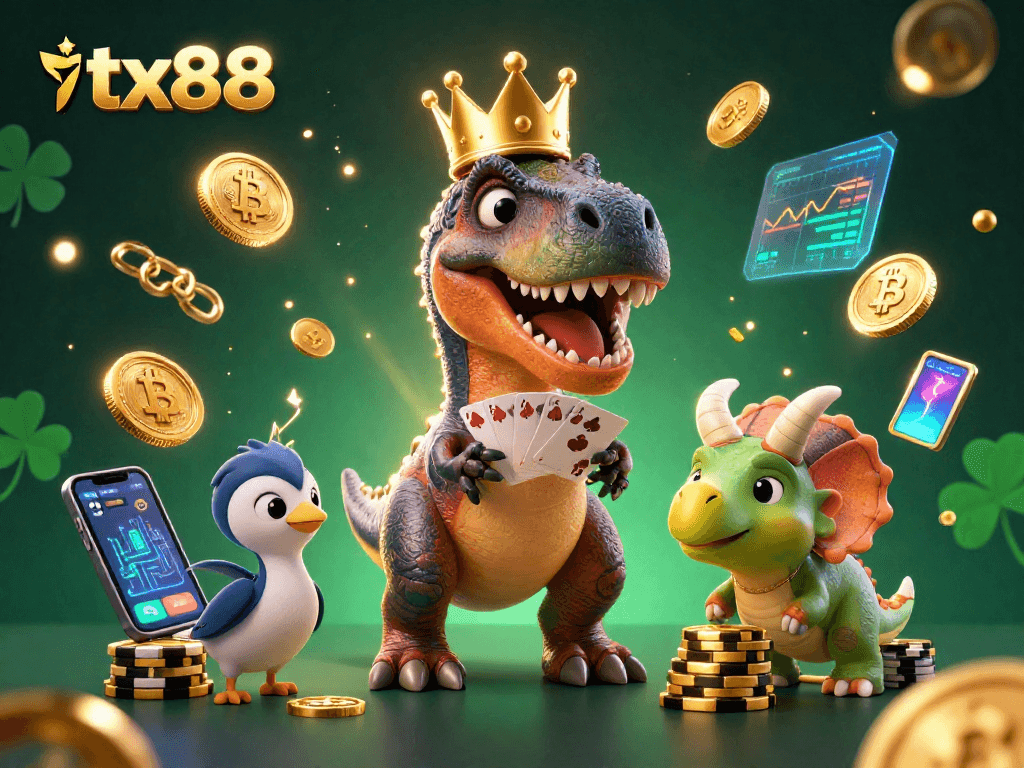 tx88 showcases friendly T-Rex shuffling cards with a pterodactyl assistant in a vibrant casino scene.
