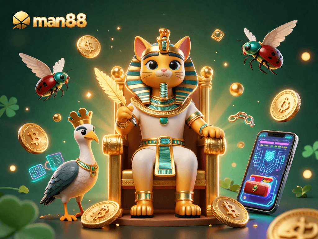 Engage with man88's thrilling 3D casino scene featuring a royal cat and digital elements.