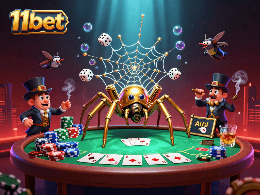 Engage with the thrilling 11bet casino experience, showcasing vibrant poker action with dynamic 3D illustration.