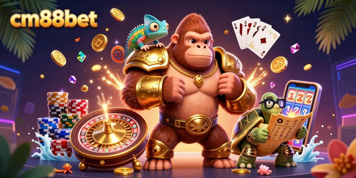 Experience the thrill of cm88bet with a vibrant casino illustration showcasing a gorilla king and his companions amidst rich casino elements.