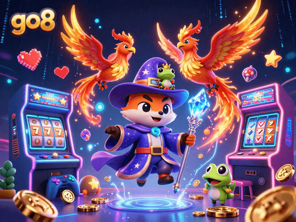Experience the excitement of go8 online slots with a dazzling 3D wizard, phoenix, and vibrant game elements.