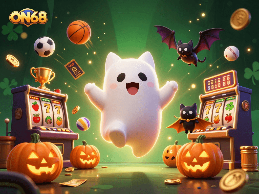 Experience the thrill of gaming at ON68 with a charming ghost cat and bat in a vibrant haunted casino.