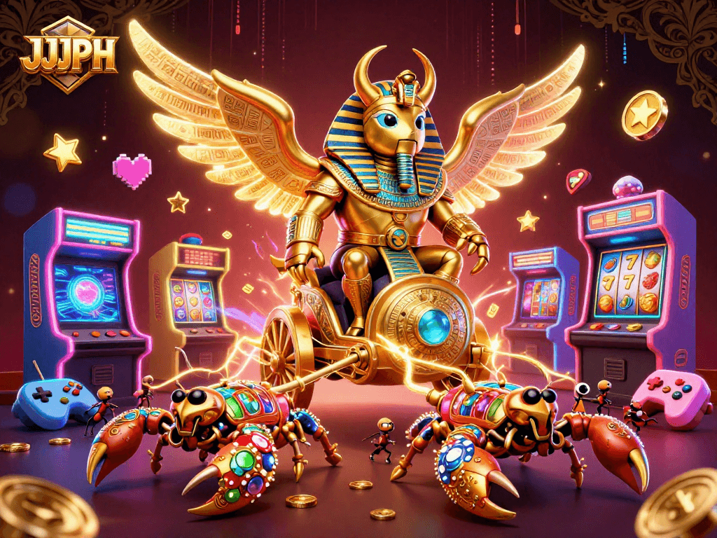 JJJPH ay nag-aalok ng masaganang paglalaro ng slots gamit ang golden scarab beetle at poker chips.