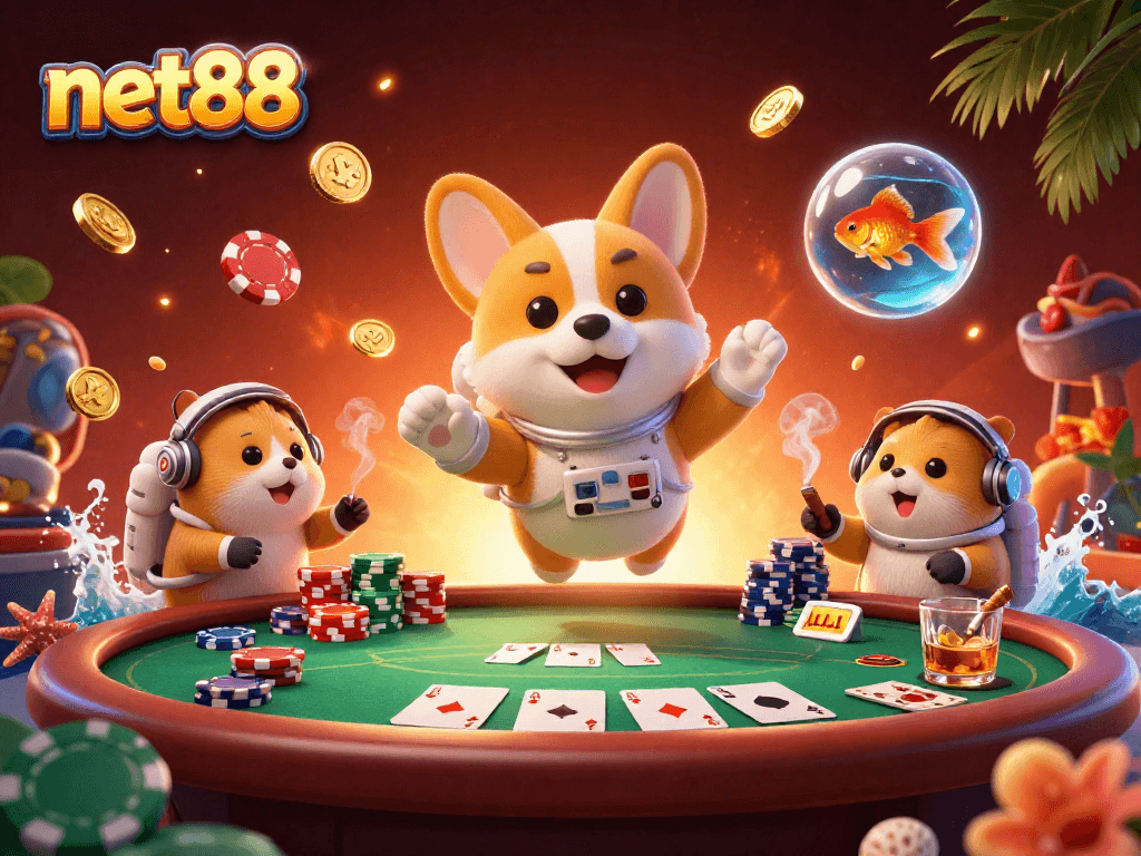 Engage in thrilling games at net88 with an astronaut corgi and floating casino elements.