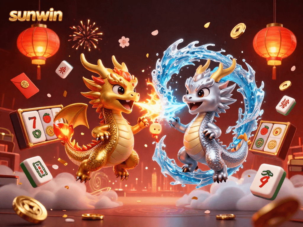 Engage with the magic of sunwin in this vibrant casino-themed artwork featuring dynamic dragon characters.