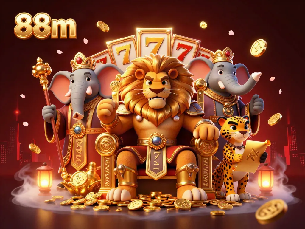Experience thrilling wins with 88m in a vibrant online casino world filled with majestic characters and slot machines.