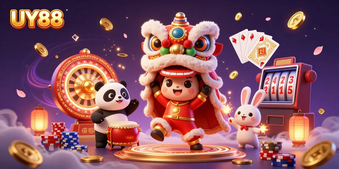 Engage in thrilling gaming excitement at UY88 with festive characters and captivating casino elements.