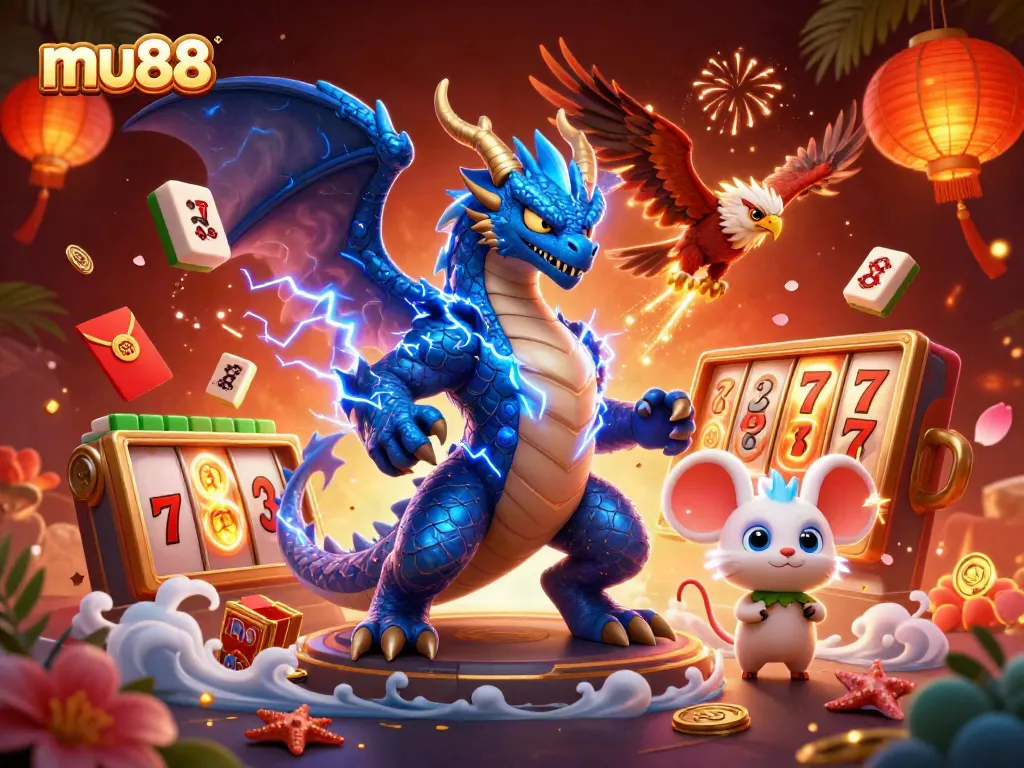 Engage with mu88's thrilling gameplay, featuring dynamic slot reels and vibrant casino elements.