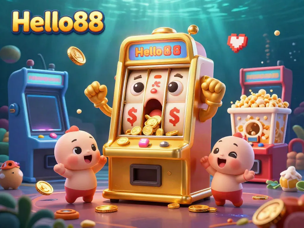 Experience the excitement of Hello88 as a golden slot machine hits the jackpot, surrounded by cheering baby machines and vibrant game elements.