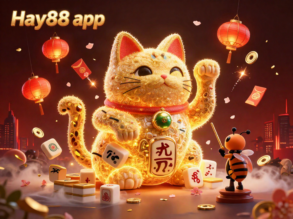 Engage with the fabulous Hay88 app featuring a dynamic lucky cat and casino elements in an electrifying scene.