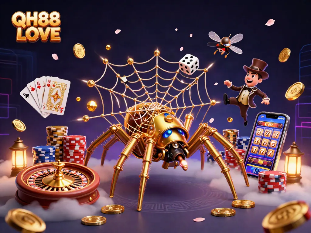 Experience QH88 LOVE with a captivating 3D illustration of a steampunk spider catching dice in a web.