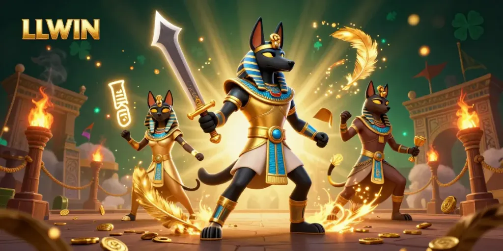 LLWIN showcases an exciting casino scene with Anubis and Bastet in action among coins and game elements.