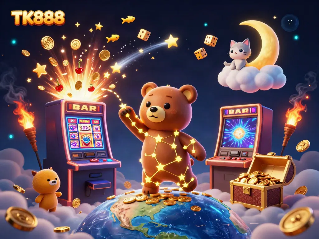 Experience gaming fun with TK888's exciting slots in a vibrant cosmic scene filled with riches.