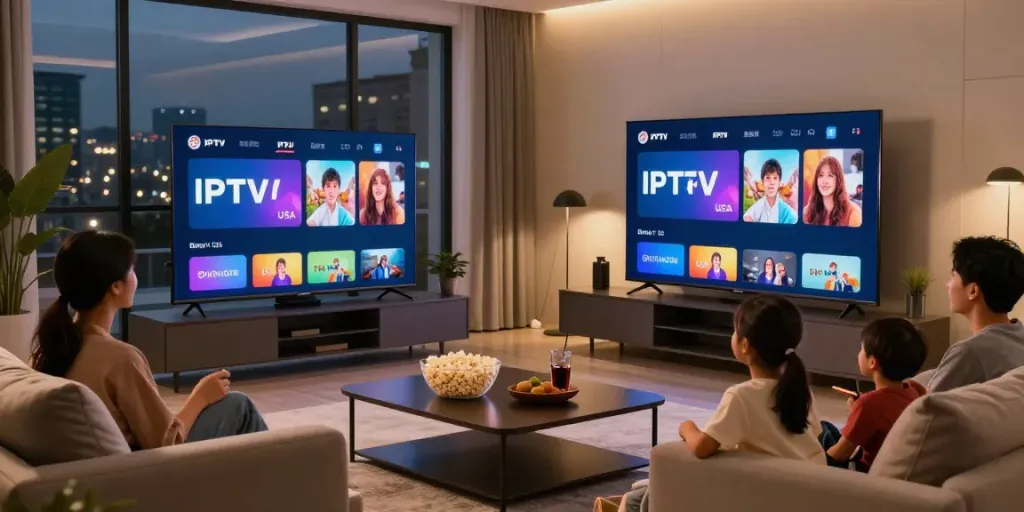 Family enjoying IPTV USA movie night in a cozy living room.