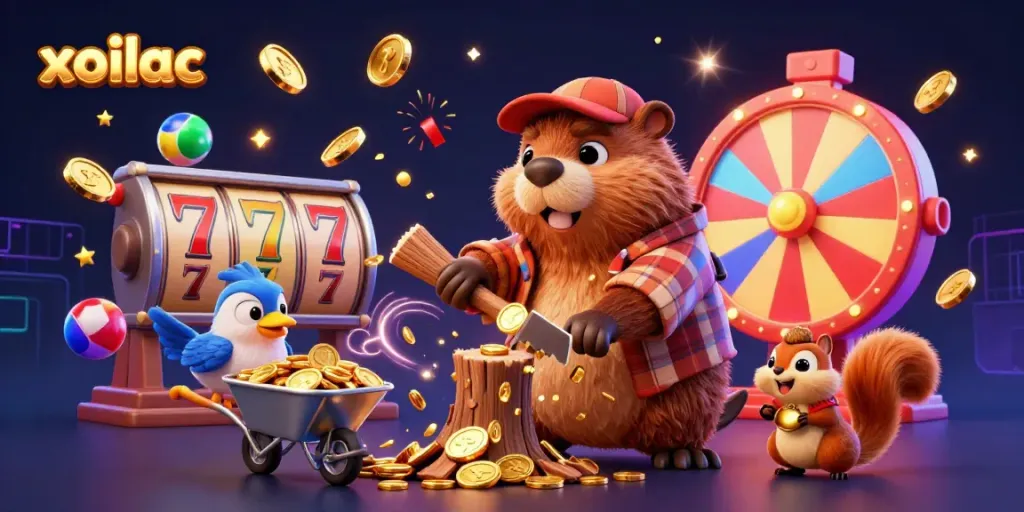 Xoilac themed 3D cartoon scene showing a beaver collecting coins, emphasizing gambling excitement.