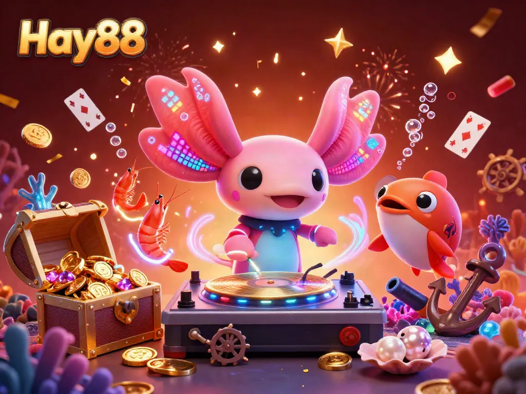 Join the excitement at Hay88 with a vibrant 3D underwater casino scene featuring an axolotl DJ and treasure.