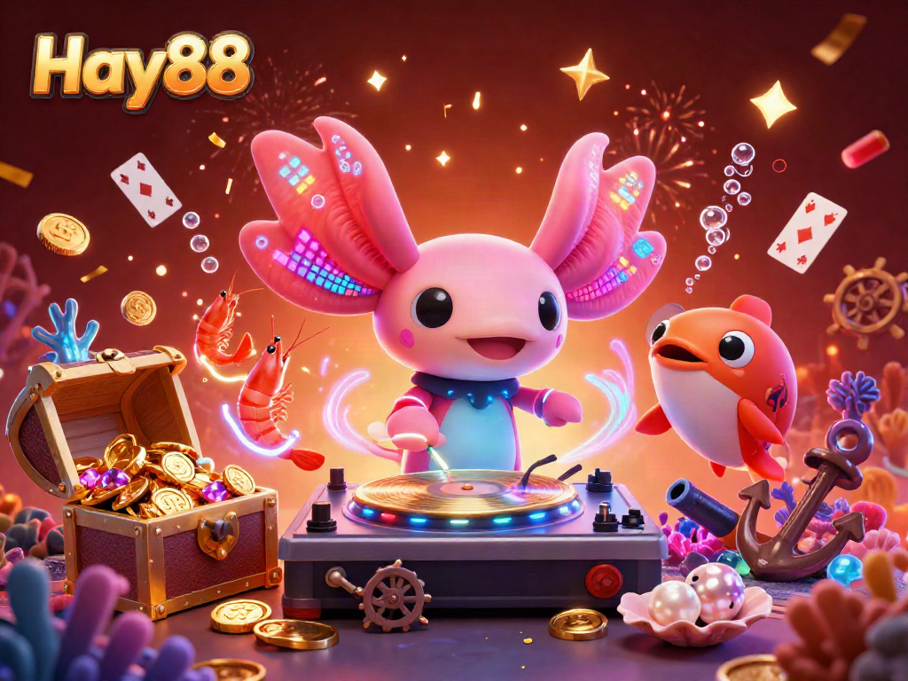 Join the excitement at Hay88 with a vibrant 3D underwater casino scene featuring an axolotl DJ and treasure.