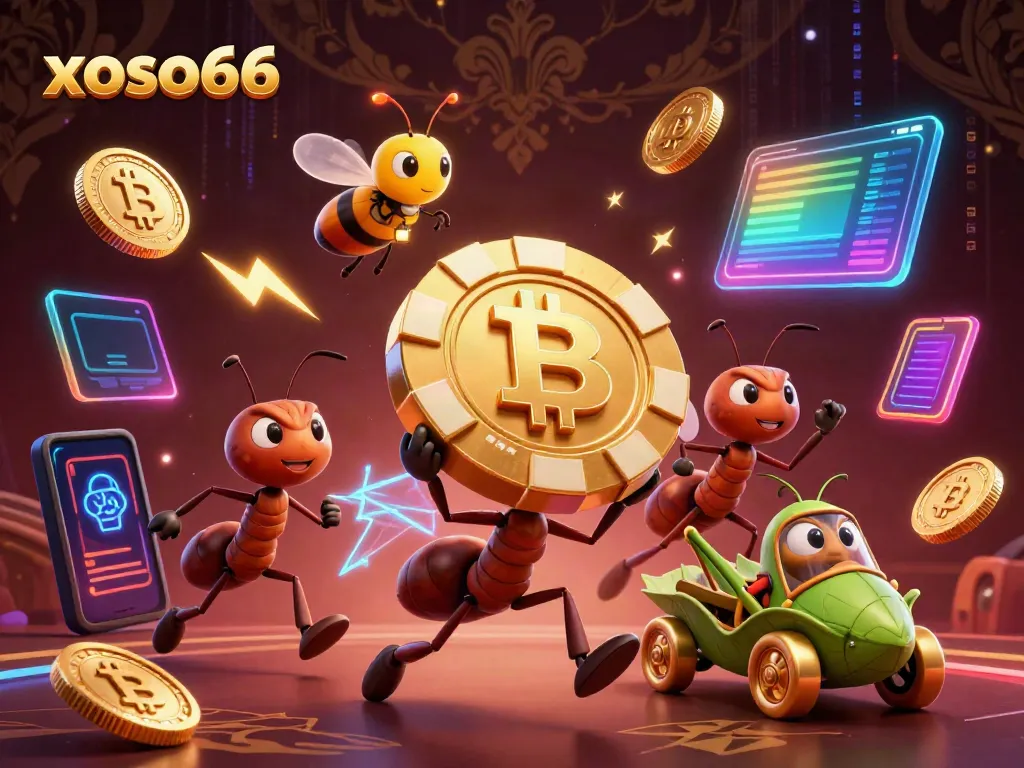 Ants stealing a giant poker chip in a vibrant scene representing xoso66 online gambling.