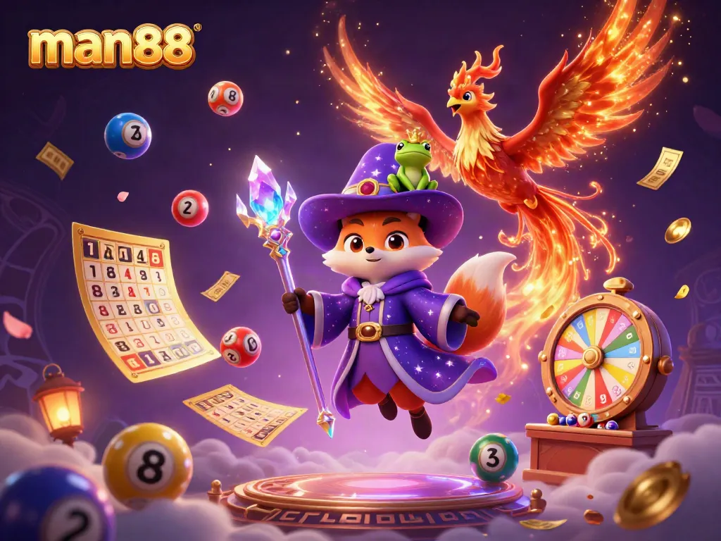 Experience thrilling moments with man88 as a mystical wizard fox conjures fortune amidst vibrant lottery elements.