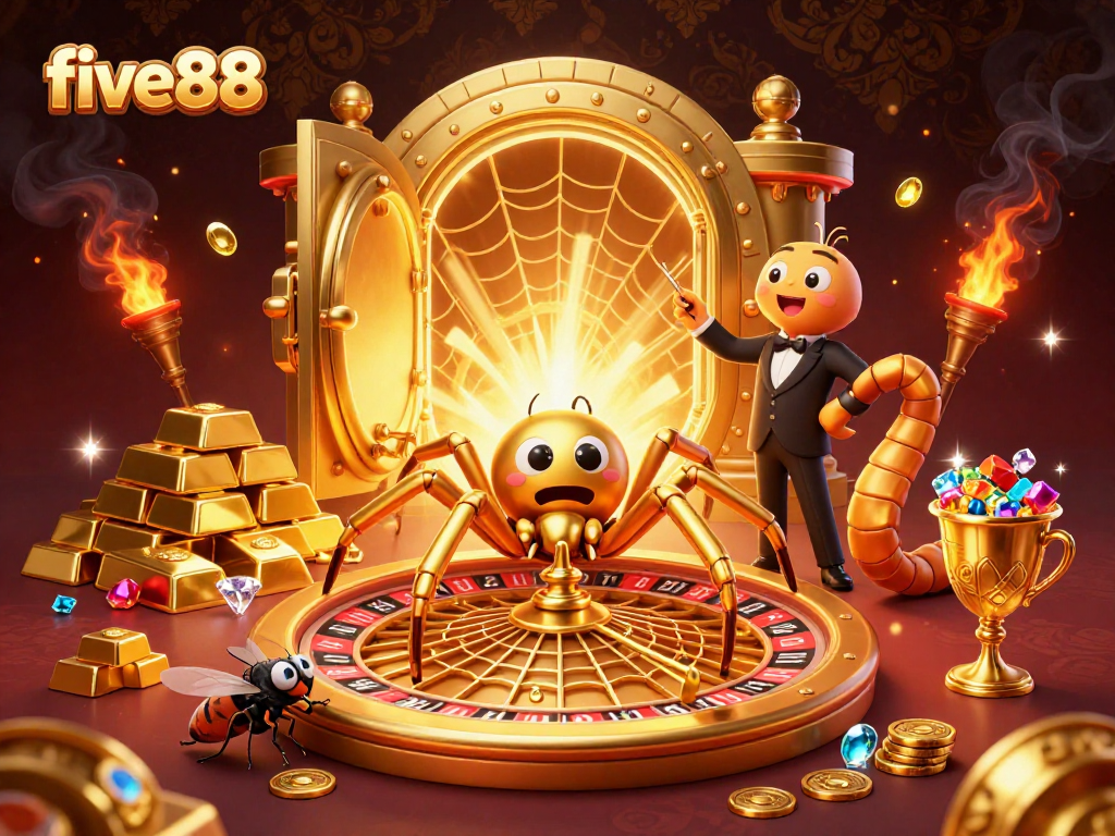 Engage with five88’s thrilling roulette action as a golden spider spins a web, showcasing vibrant casino treasures.