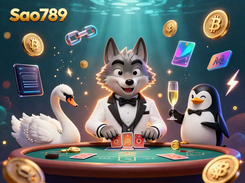 Join the thrilling world of Sao789 with a debonair wolf, elegant swan, and sophisticated penguin at the casino.