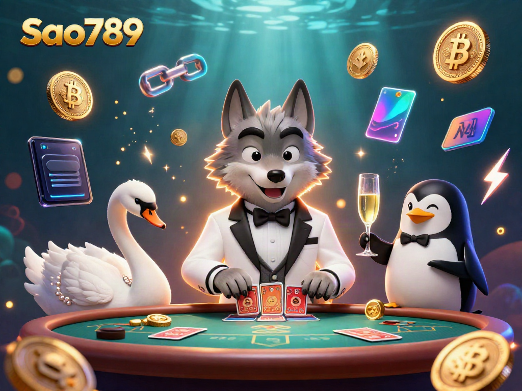 Join the thrilling world of Sao789 with a debonair wolf, elegant swan, and sophisticated penguin at the casino.