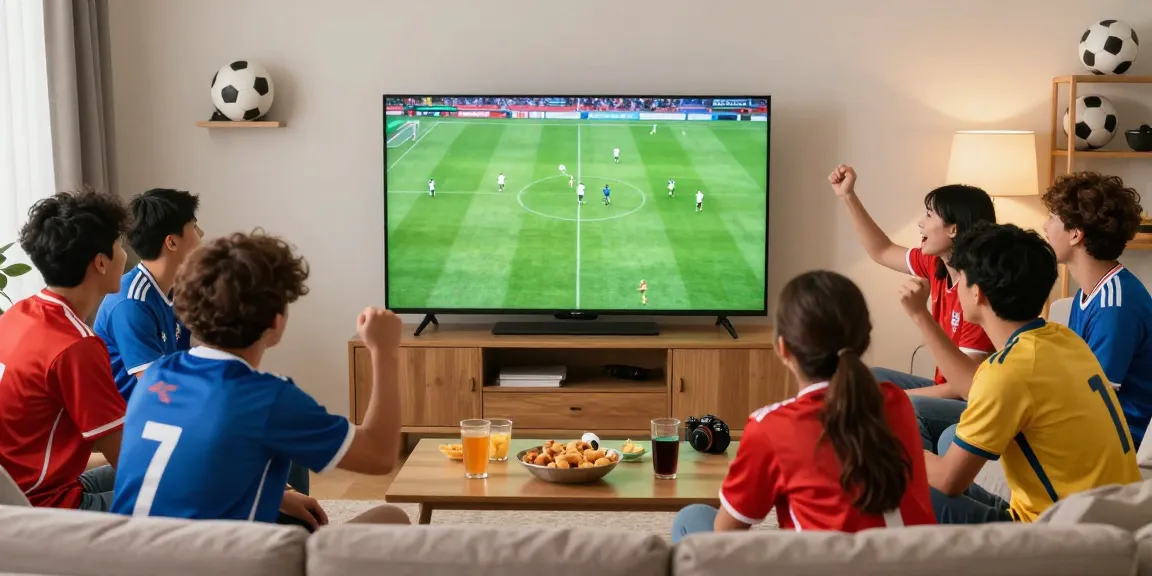 Exciting moment of friends watching xoilactv soccer live, celebrating together.