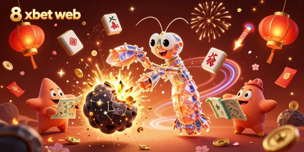 Experience thrilling wins with 8xbet web in a dazzling 3D casino scene filled with gems and festive elements.