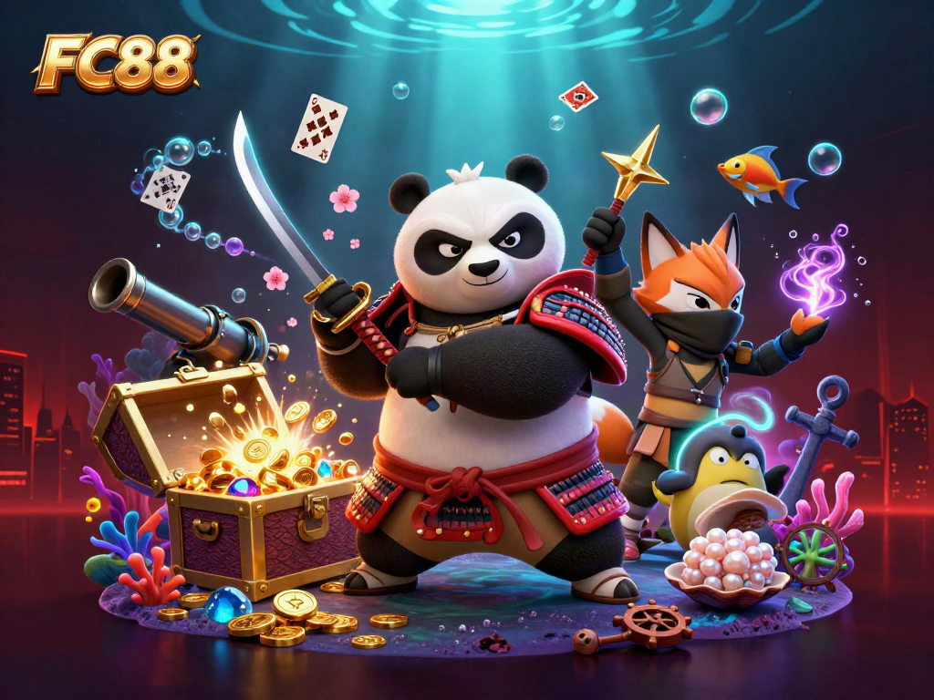 Engage with the thrilling world of FC88 as a fierce samurai panda and ninja fox battle amidst treasure and casino elements.