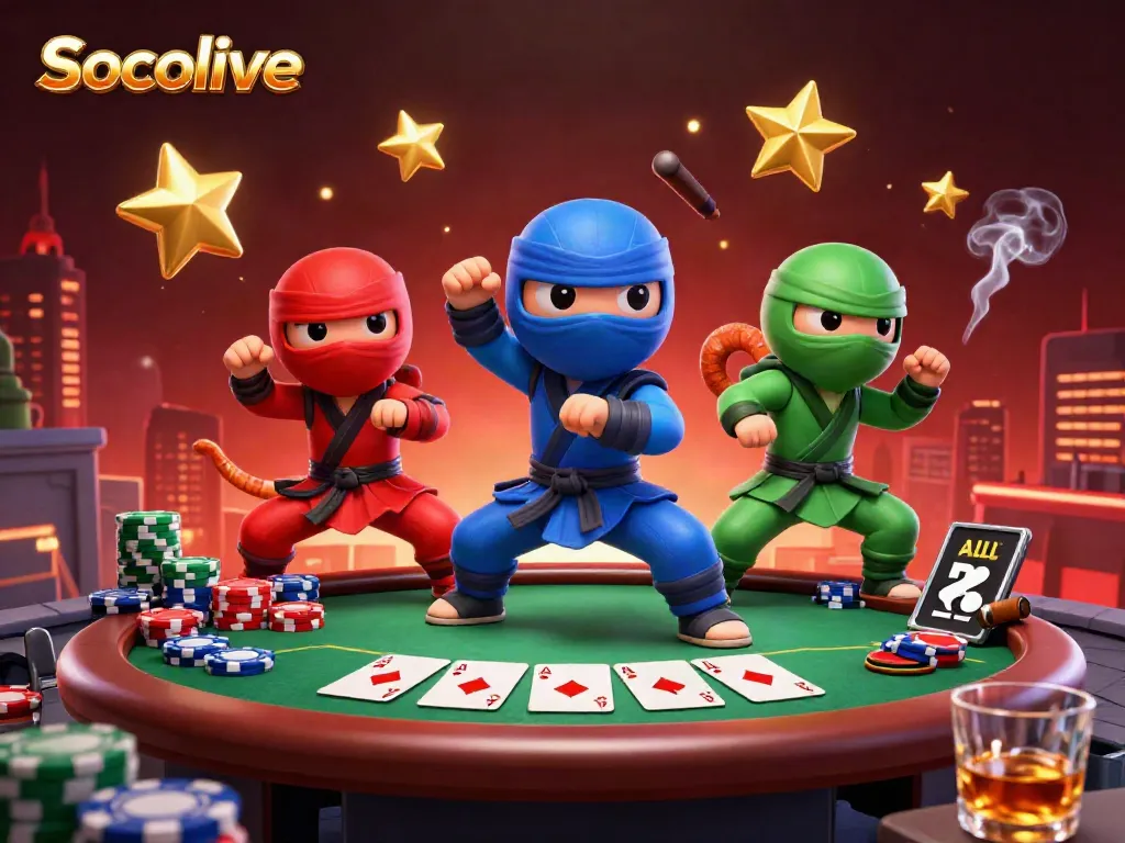 Socolive offers a vibrant online platform featuring a dynamic poker scene with chameleon characters and exciting game elements.