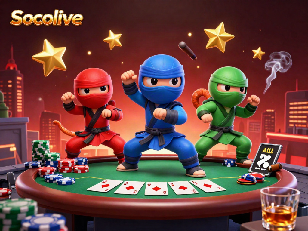 Socolive offers a vibrant online platform featuring a dynamic poker scene with chameleon characters and exciting game elements.