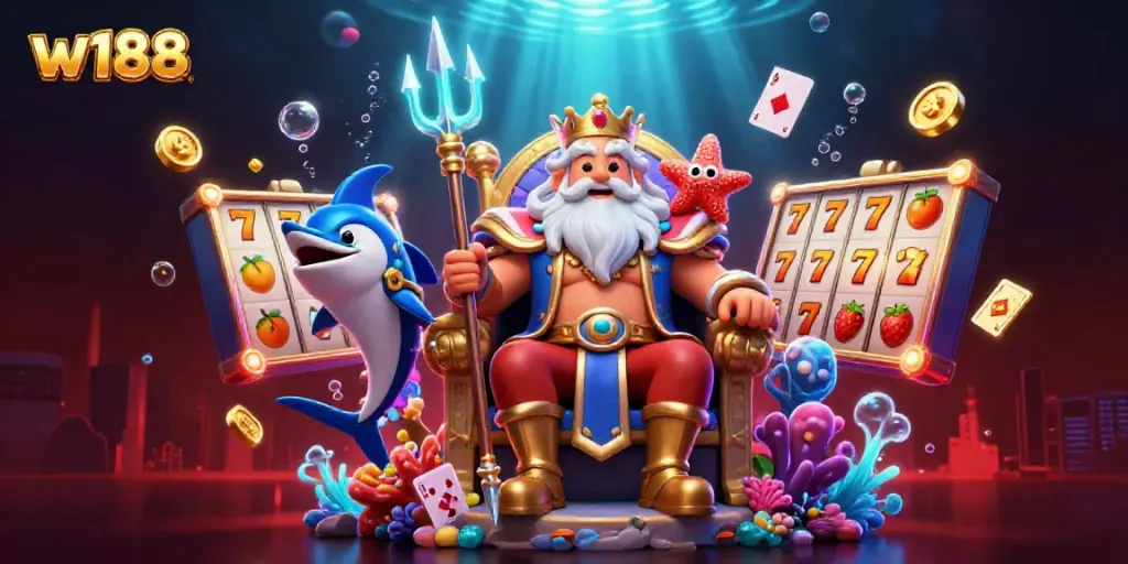 Experience the thrill of w188 with Neptune, the sea king, surrounded by gaming elements and sparkling jackpots.