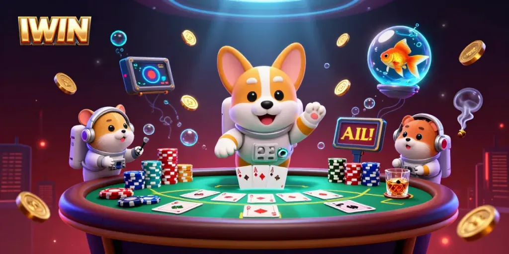 Spin to win with IWIN in a vibrant space casino featuring cute characters and dynamic poker elements.