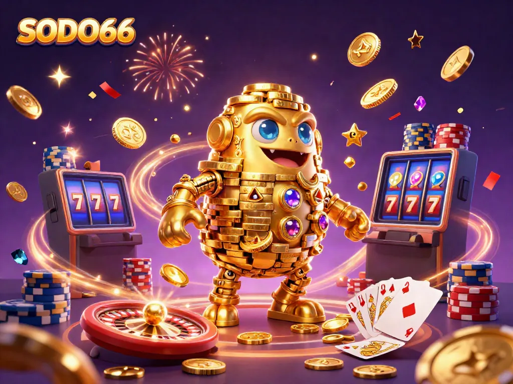 SODO66 hosts an exciting atmosphere with a golden golem, coins, and casino elements in a vibrant scene.