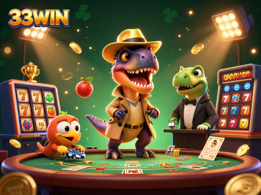 Experience thrilling gameplay with 33WIN featuring a playful velociraptor at a blackjack table.