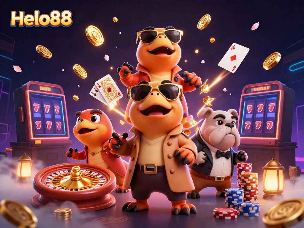 Join Helo88 for an exciting VIP casino experience with animated raptors and vibrant game elements.