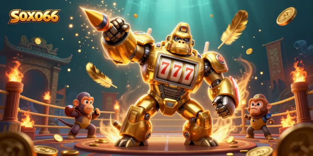 Experience the excitement of SOXO66 with a dynamic 3D illustration showcasing a golden gorilla mech in a casino setting.