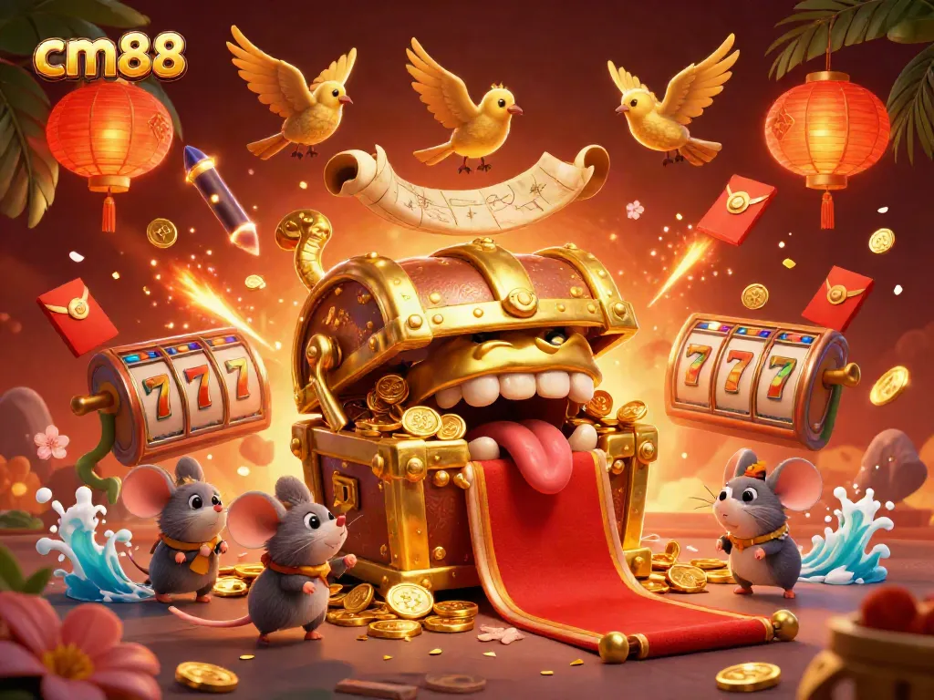 Experience thrilling games at cm88 with a treasure chest of rewards and vibrant energy in a dynamic casino scene.