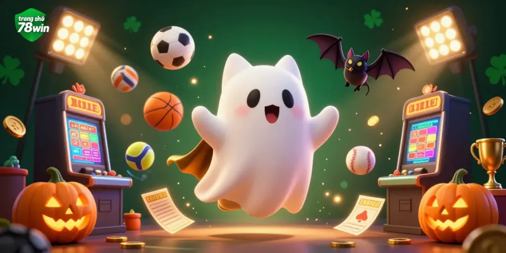 Experience the thrill of gaming at trang chủ 78win with this enchanting illustration featuring a ghost cat and casino elements.