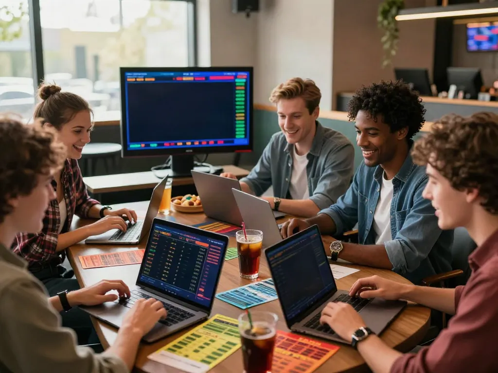 Diverse friends enjoying the thrill of vin88 online sports betting in a dynamic lounge environment.