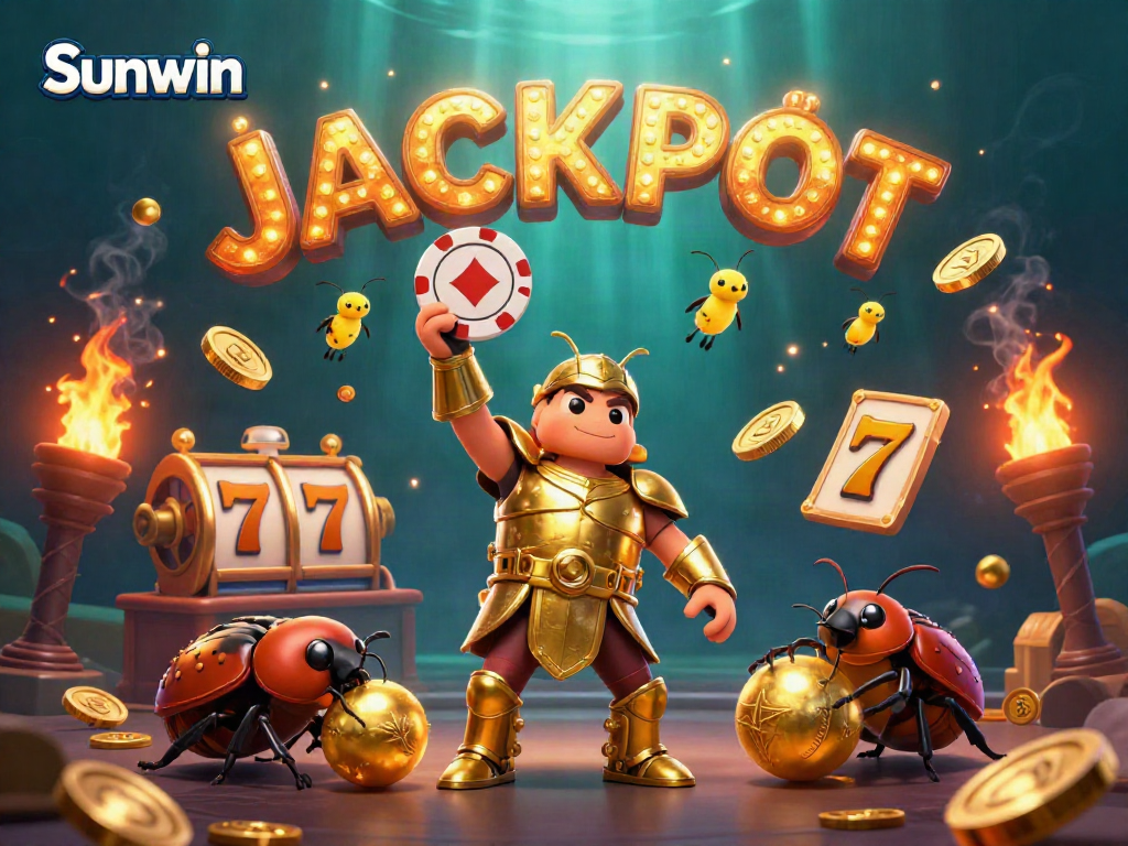 Experience excitement at Sunwin casino, with a heroic beetle holding a winning poker chip amidst vibrant casino elements.