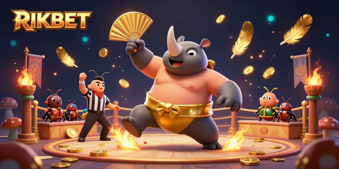 RIKBET's thrilling gaming scene with a sumo beetle champion and cricket referee amid flying coins and vibrant casino elements.